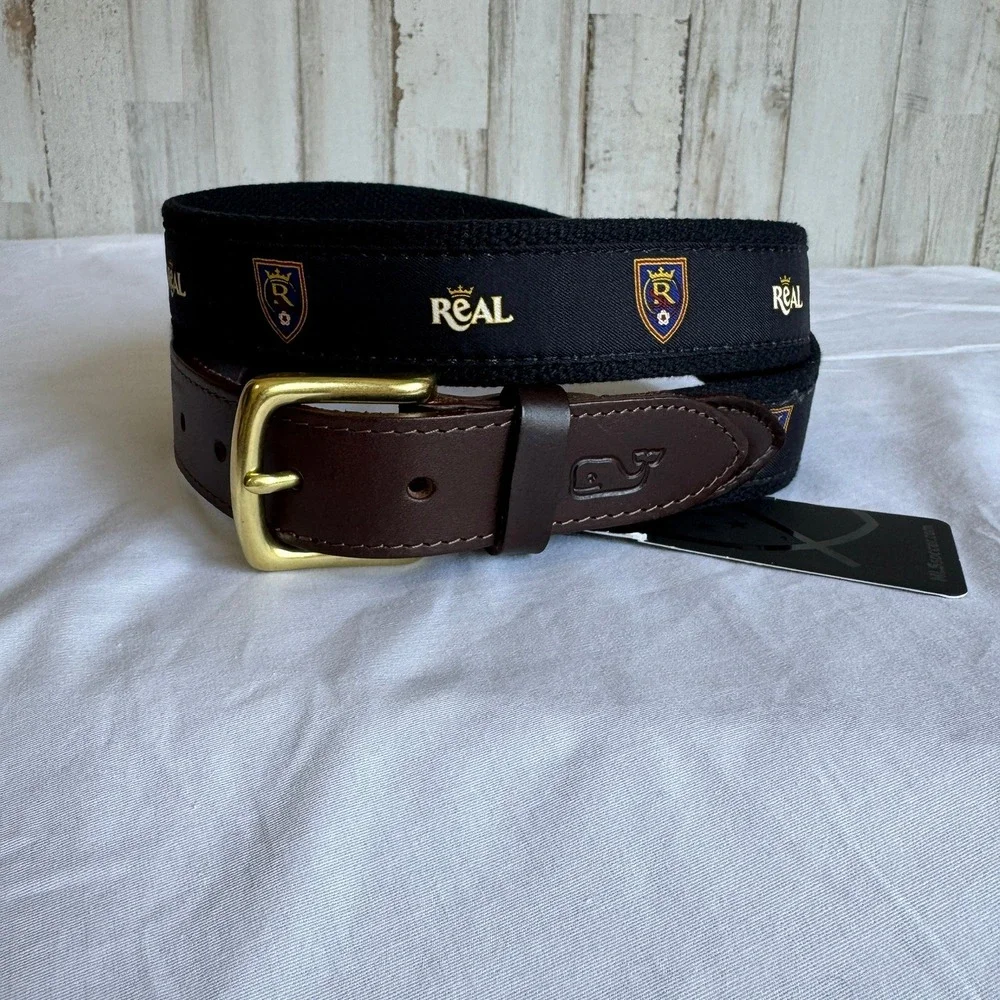 NWT Vineyard Vines Belt Men 42 Black Real SLC Dress Belt Soccer Preppy USA MLS